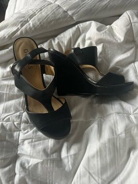 Guess Black Leather Wedge Sandals with Ankle Strap